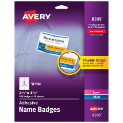 Avery White Adhesive Name Badges 8395, 2-1/3" x 3-3/8", Pack of 160