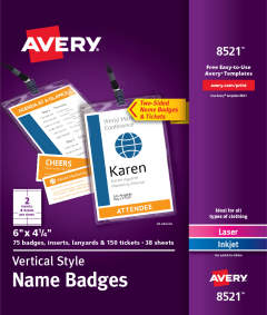 Vertical Name Badges & Tickets, Durable Plastic Holders, Lanyards, 6" x 4-1/4", 75 Badges (8521)