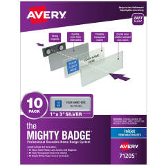 The Mighty Badge&reg; by Avery&reg; Professional Reusable Name Badge System, Silver, 1" x 3" ID Badges, 10 Durable, Reusable Name Tags, 80 Inserts for Inkjet Printers
