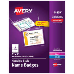 Avery Top-Loading Hanging Style Name Badges 74459, 3" x 4", Box of 100