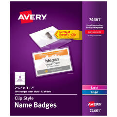 Avery Top-Loading Clip Style Name Badges 74461, 2-1/4" x 3-1/2", Box of 100