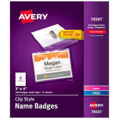 Avery Top-Loading Garment-Friendly Clip Style Name Badges 74541, 3" x 4", Box of 100