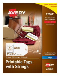 Avery Printable Tags with Strings 22802, 2" x 3-1/2", Pack of 96