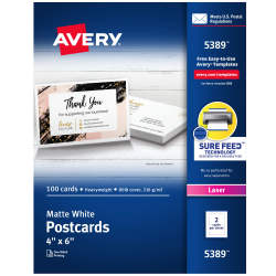 Avery® Printable Postcards with Sure Feed® Technology, 4" x 6", White, 100 Blank  Postcards for Laser Printers (5389) | Avery.com