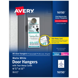 Avery(R) Door Hangers with Tear-Away Cards, 4-1/4 x 11, Matte White, 80  Blank Door Hangers (16150)
