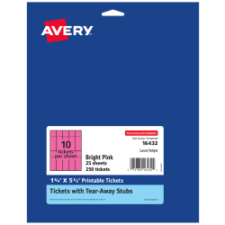 Avery® Printable Tickets with Stubs, Bright Pink, 1-3/4