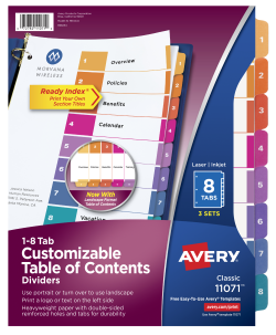 Avery Customizable Table Of Contents Dividers Ready Index Printable Section Titles Preprinted 1 8 Multicolor Tabs 3 Sets 11071