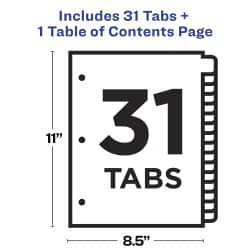 Avery® Ready Index® 31 Tab Binder Dividers, Customizable Table of Contents,  Classic White Tabs, 1 Set (11128)