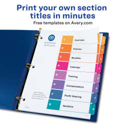 Avery® Ready Index® 8 Tab Binder Dividers, Customizable Table of Contents,  Multicolor Tabs, 1 Set (11133)
