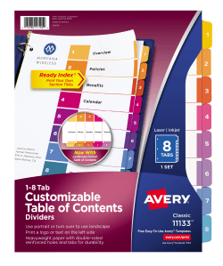 Avery Customizable Table Of Contents Dividers Ready Index Printable Section Titles Preprinted 1 8 Multicolor Tabs 1 Set 11133