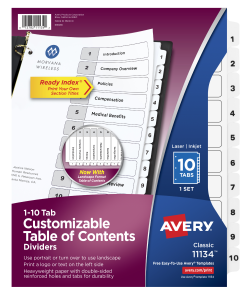 Avery Customizable Table Of Contents Dividers Ready Index Printable Section Titles Preprinted 1 10 White Tabs 1 Set 11134