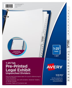 25 Pack Allstate Style 8.5 x 11 Inches Avery Individual Legal Exhibit Dividers Side Tab 82174 L