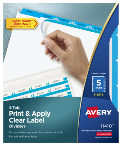 Avery Print Apply Clear Label Dividers Index Maker Easy Apply Printable Label Strip 5 Blue Tabs 5 Sets 11410