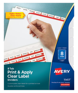 Avery® Print & Apply Clear Label Dividers, Index Maker® Easy Apply™  Printable Label Strip, 8 White Tabs (11417)