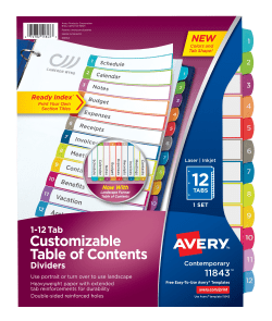 Avery Ready Index 12 Tab Binder Dividers Customizable Table Of Contents Contemporary Multicolor Tabs 1 Set 11843