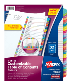 Avery Ready Full Page Index Multicolored Tab Dividers 1-31 