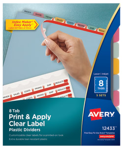 Avery Print Apply Clear Label Translucent Plastic Dividers Index Maker Easy Apply Printable Label Strip 8 Multicolor Tabs 5 Sets 12433