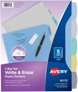 Avery 5 Big Tab Write & Erase Plastic Dividers #16170 Lot of 2 