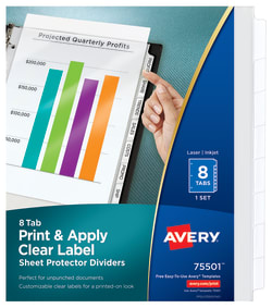 Avery Print Apply Clear Label Sheet Protector Dividers Index Maker Easy Peel Printable Labels 8 White Tabs 75501