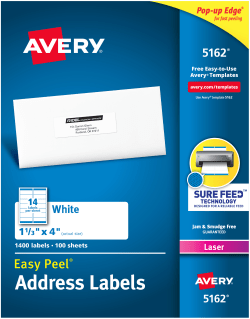 Avery Easy Peel Address Labels 1 1 3 X 4 1 400 Labels 5162 Avery Com