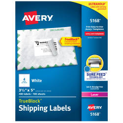 Avery Trueblock Shipping Labels Sure Feed Technology Permanent Adhesive 3 1 2 X 5 400 Labels 5168