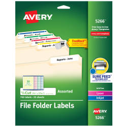 Avery Trueblock File Folder Labels Sure Feed Technology Permanent Adhesive Assorted Colors 2 3 X 3 7 16 750 Labels 5266