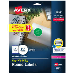 Avery® High Visibility Round Labels with Sure Feed™ for Laser Printers,  1-2/3
