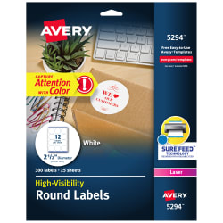 Avery® High Visibility Round Labels with Sure Feed™ for Laser Printers,  2-1/2
