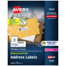 Waterproof Labels with Ultrahold® Permanent Adhesive, Sure Feed™,  TrueBlock®, Laser, 1,500 Labels, 1