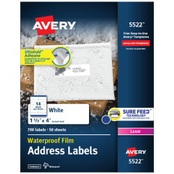 Waterproof Labels With Ultrahold Permanent Adhesive Sure Feed Trueblock Laser 300 Labels 3 1 3 X 4 5524 Avery Com
