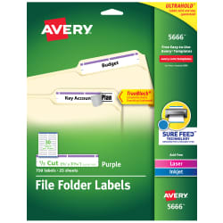 TrueBlock® File Folder Labels, 2/3” x 3-7/16”, 750 Printable Labels,  Permanent Adhesive, White/Purple (5666)