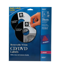 Avery Removable Cd Labels Print To The Edge Removable Adhesive 50 Disc Labels And 100 Spine Labels 5931