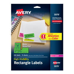 Avery High Visibility Labels Permanent Adhesive Assorted Neon Colors 1 X 2 5 8 450 Labels 5979