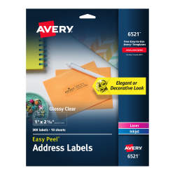 Avery Easy Peel Address Labels Glossy Clear 1 X 2 5 8 300 Labels 6521