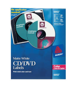 Avery Cd Dvd Label Permanent Adhesive Print To The Edge 30 Disc And 60 Spine 6692