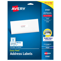 Avery Easy Peel Address Labels Sure Feed Technology Permanent Adhesive 1 X 2 5 8 750 Labels 8160
