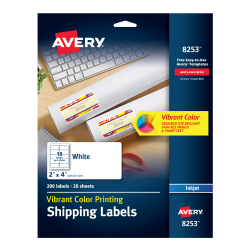 Avery Color Printing Labels Sure Feed Technology Permanent Adhesive Matte 2 X 4 200 Labels 8253