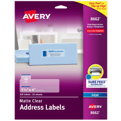 Avery® Matte Clear Address Labels, Sure Feed™ Technology, Inkjet, 1-1/3