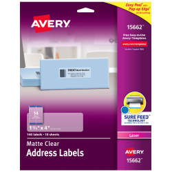 Avery® Matte Clear Address Labels, Sure Feed™ Technology, Laser, 1-1/3