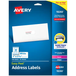 Avery Easy Peel Address Labels Sure Feed Technology Permanent Adhesive 1 X 2 5 8 750 Labels 18260