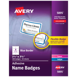 Avery Adhesive Name Badges Blue Border 2 1 3 X 3 3 8 400 Badges 5895