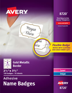 Avery Removable Name Tag Labels Gold Metallic Border 8720 Avery Com Can layout dimensions be guaranteed when printing an html only template? avery removable adhesive name tag labels gold metallic border 2 1 3 x 3 3 8 120 badges 8720