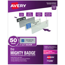 The Mighty Badge® by Avery® Professional Reusable Name Badge System,  Silver, 1” x 3” ID Badges, 50 Durable, Reusable Name Tags, 120 Inserts for  Laser ...