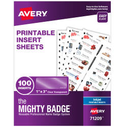 The Mighty Badge By Avery Printable Insert Sheets 1 X 3 Id Badges 100 Clear Inserts 5 Sheets For Inkjet Printers 71209