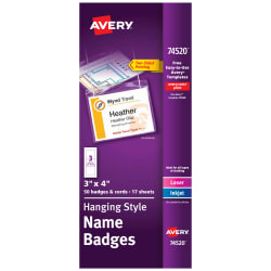 Avery Top-Loading Hanging Name Badges 3 x 4 Inches White Box of 50