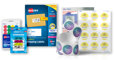 Avery blank and custom printed label sheets and rolls next to packaged Ultra Tabs and color dot sheets