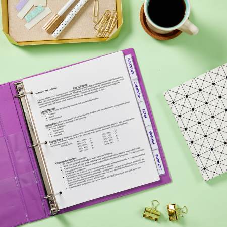 An open binder showing Avery dividers with insertable and printable tabs