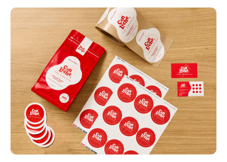 Family of products designed with free templates and labeled with Avery sheet labels and roll labels