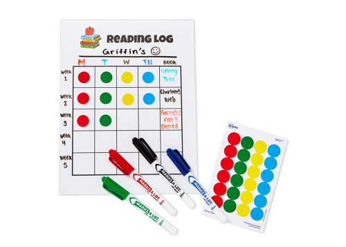 Flatlay image of laminated reading log with color coding tabs in various boxes on the chart