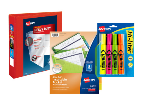 Image of Red Binder, colorful dividers, and package of highlighters